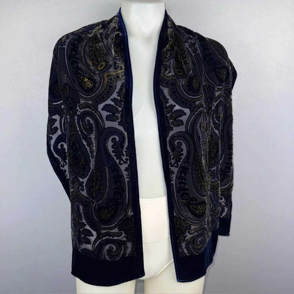 Women's Vintage‎ Velvet Abstract Burnout Blue Paisley Silk-Blend Scarf *READ